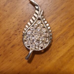 Vintage Silver Color Sparkling Rhinestone Studded Stylized Leaf 2" Brooch